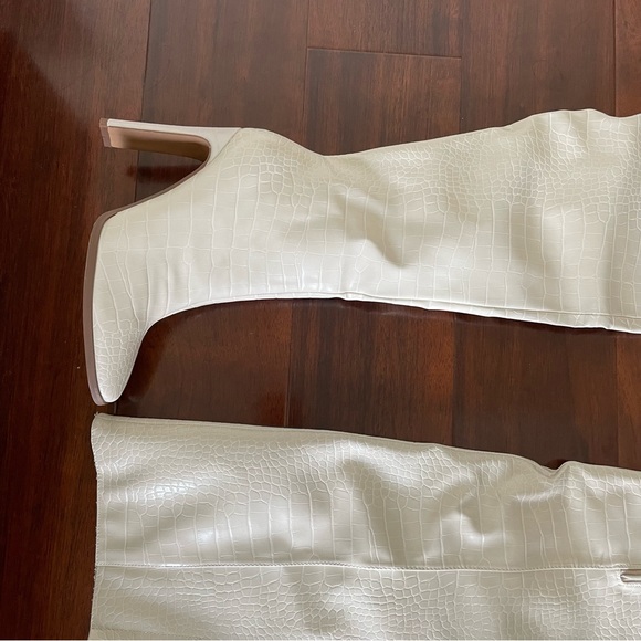 Cream Mock Croc Square Toe Heeled Over The Knee Boots - Picture 8 of 10